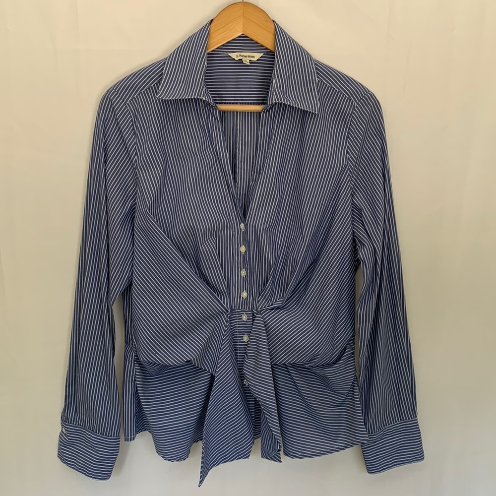 J. Peterman Striped V-Neck Button Front Blouse Classic Blue White Size 10